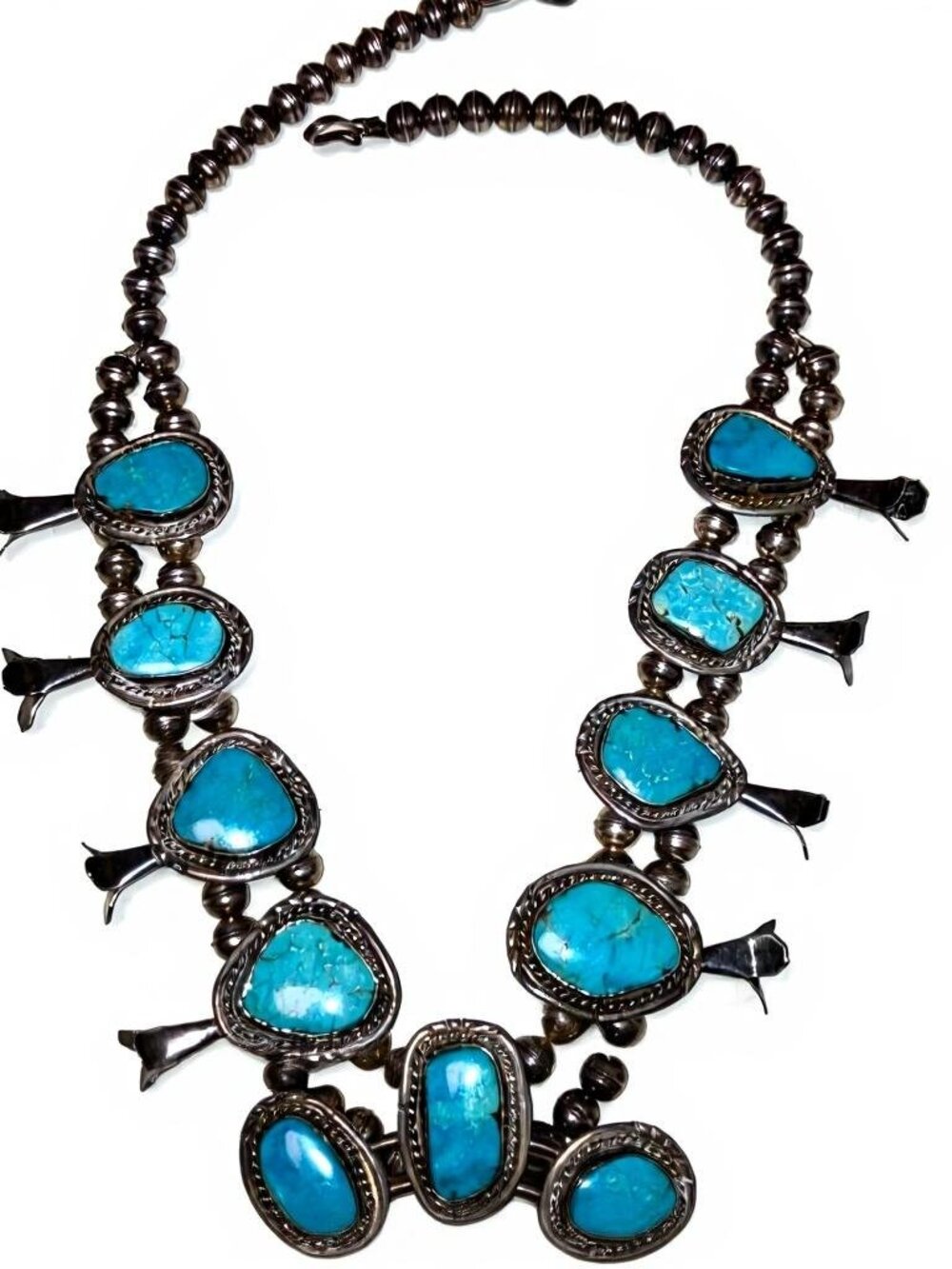 Vintage Navajo Naja Sterling Squash Blossom Necklace with Kingman Turquoise - Picture 2 of 6